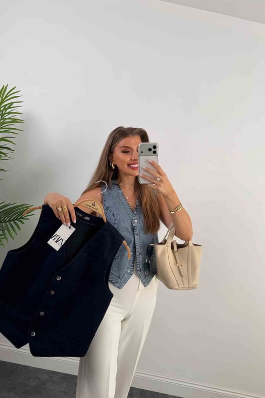 Premium Seri Tam Pamuklu Jean Yelek Mavi