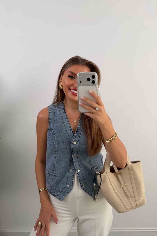 Premium Seri Tam Pamuklu Jean Yelek Mavi
