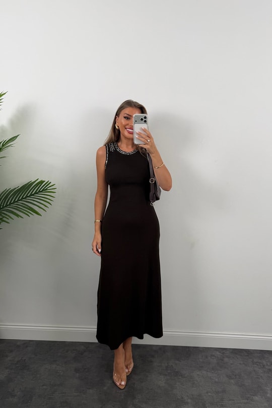 Premium Seri Tam Pamuklu Zımbalı Likralı Maxi Kalem Elbise Koyu Kahve 
