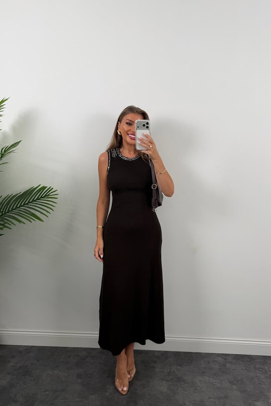 Premium Seri Tam Pamuklu Zımbalı Likralı Maxi Kalem Elbise Koyu Kahve 
