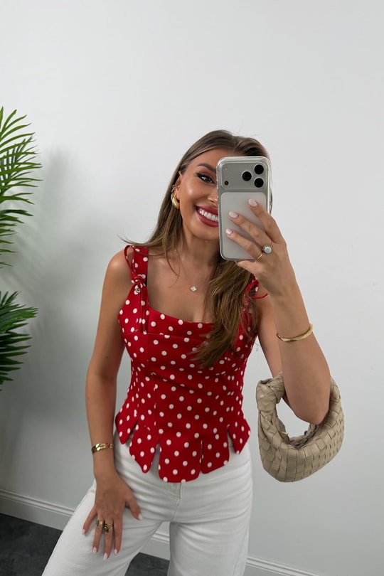 Premium Seri Tasarım Korse Bluz Kırmızı Beyaz Puantiyeli