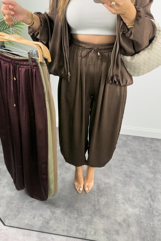 Premium Seri Tasarım Saten Şalvar Pantolon Acı Kahve