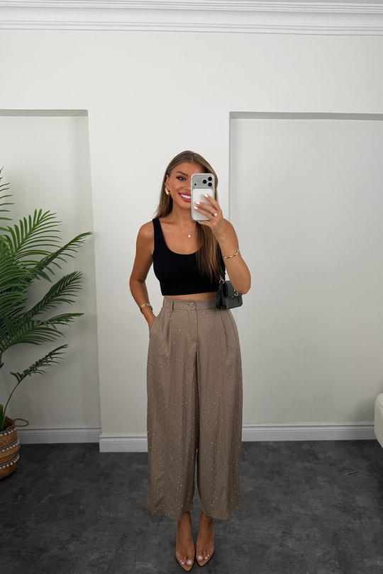 Premium Seri Taşlı Tensel Harem Pantolon Vizon