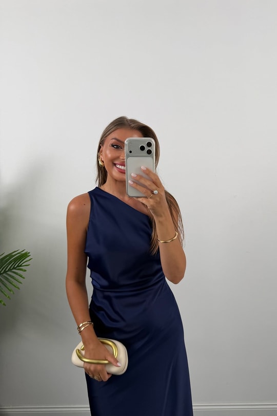 Premium Seri Tek Omuz Saten Maxi Elbise Lacivert  
