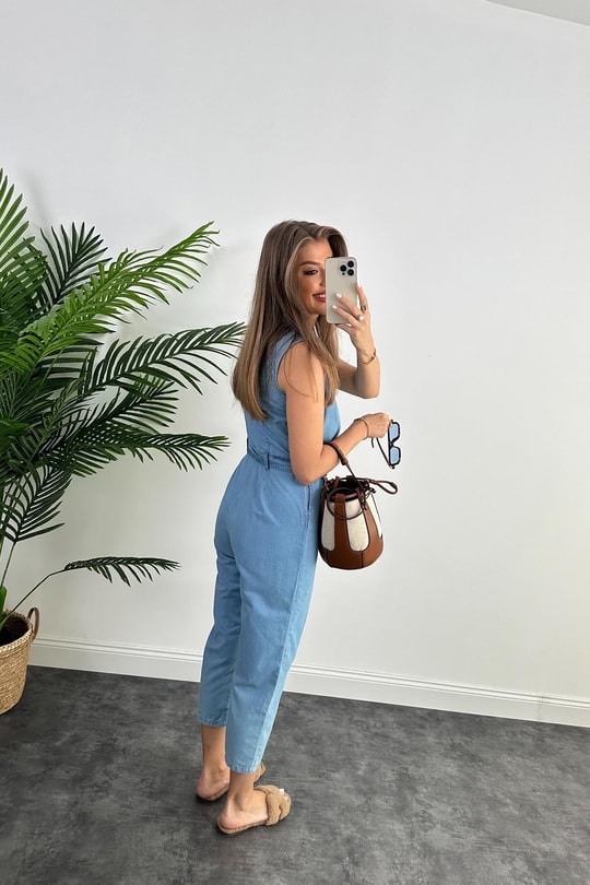 Premium Seri Tensel Jean Kumaş Sıfır Kol Kemerli Tulum