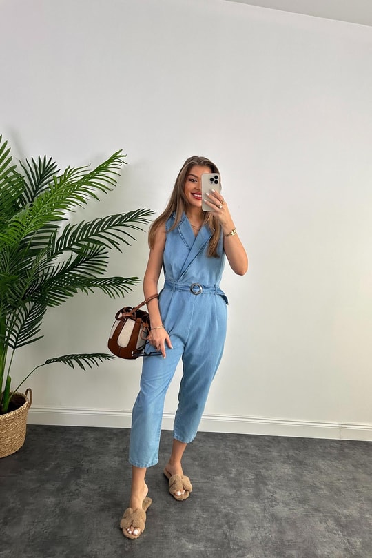 Premium Seri Tensel Jean Kumaş Sıfır Kol Kemerli Tulum