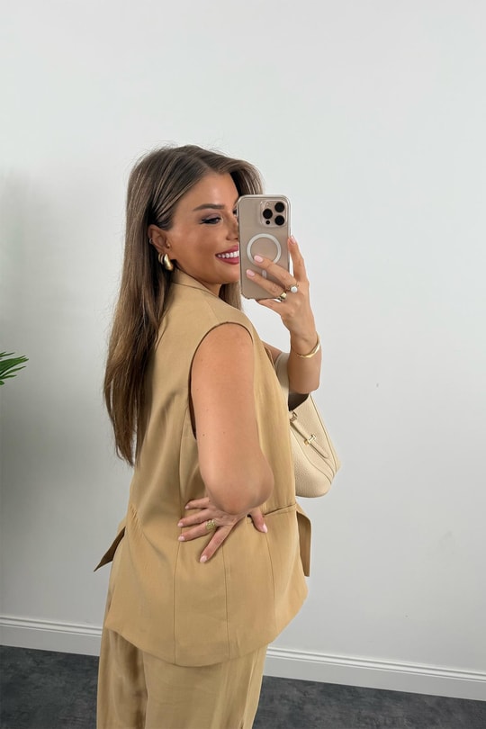 Premium Seri Tensel Kumaş Yelek Palazzo Takım Camel