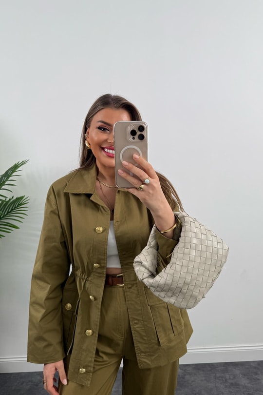 Premium Seri Trençkot Kemerli Pantolon Takım Yeşil