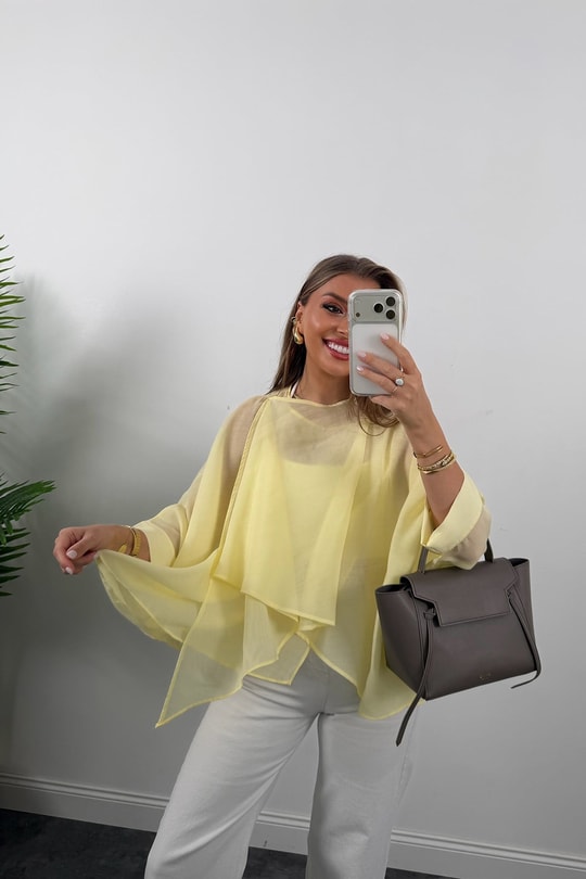 Premium Seri Uçuşan Kumaş Tensel Pelerin Bluz Sarı