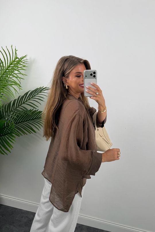 Premium Seri Uçuşan Kumaş Tensel Perelin Bluz Acı Kahve