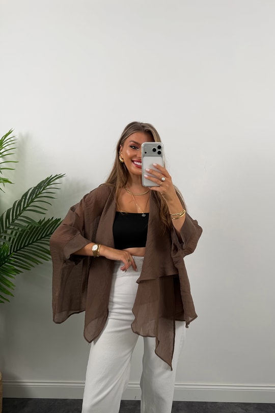 Premium Seri Uçuşan Kumaş Tensel Perelin Bluz Acı Kahve