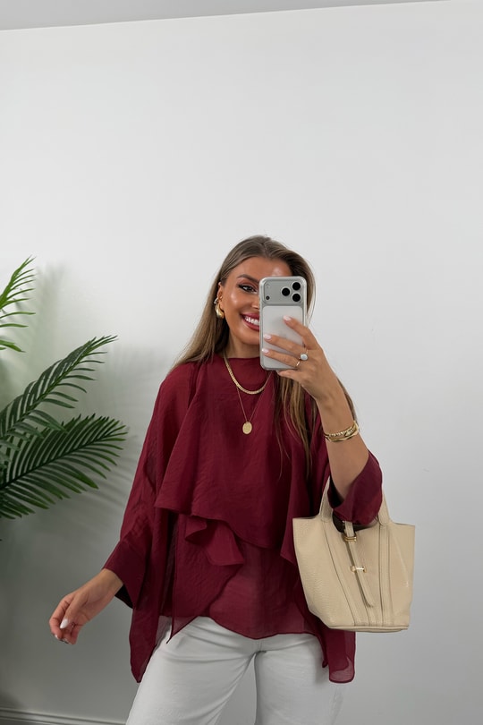 Premium Seri Uçuşan Kumaş Tensel Perelin Bluz Bordo
