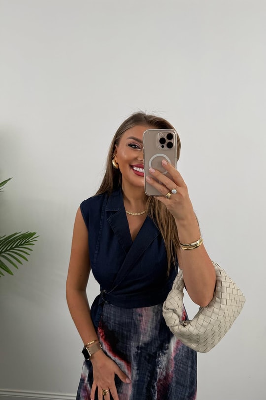 Premium Seri Üstü Jean Altı Şifon Tasarım Midi Boy Elbise
