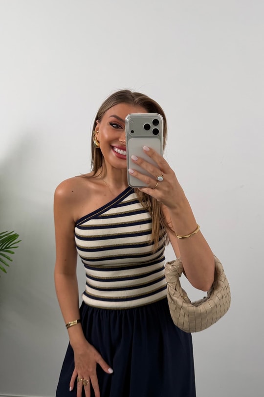 Premium Seri Üstü Triko Gold Lacivert Çizgili Marin Maxi Elbise