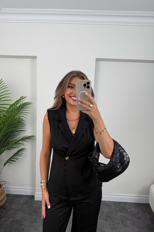 Premium Seri Vatkalı Bluz Pantolon Pamuk Saten Takım Siyah