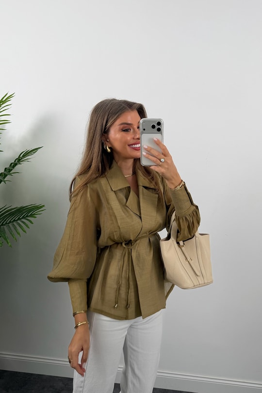 Premium Seri Vatkalı Kruvaze Tensel Bluz Olive