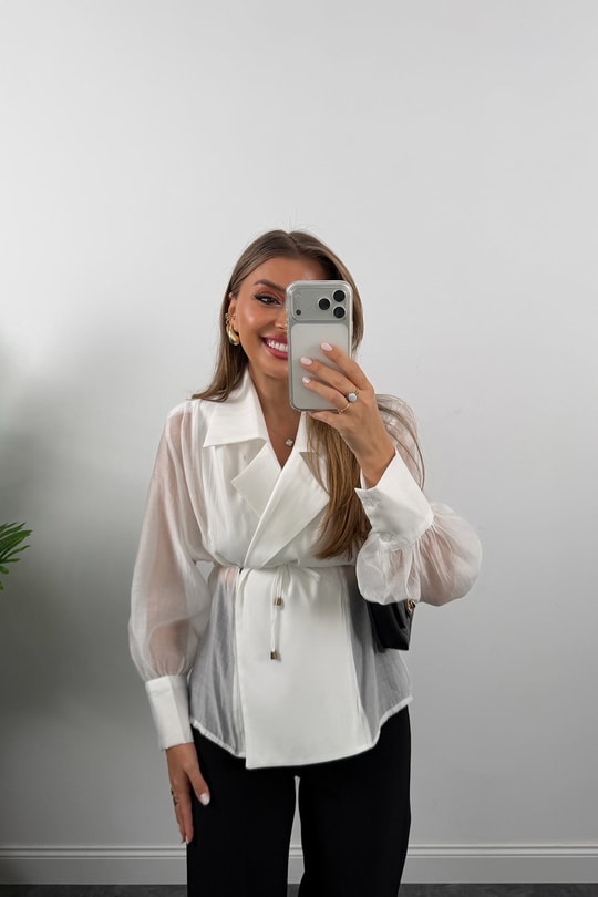 Premium Seri Vatkalı Kruvaze Tensel Bluz Beyaz