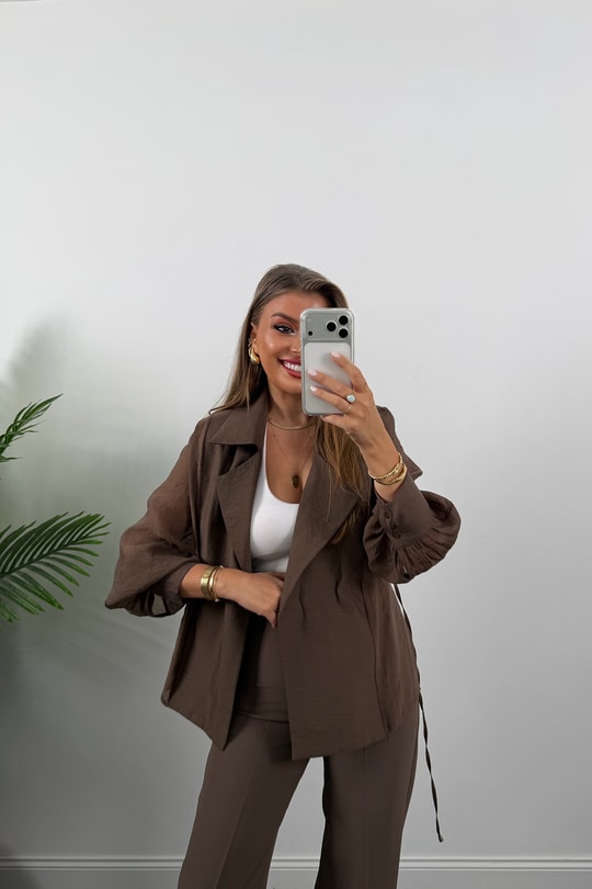 Premium Seri Vatkalı Kruvaze Tensel Bluz Kahverengi
