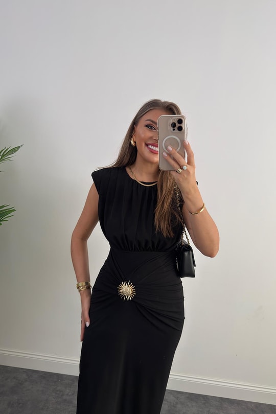 Premium Seri Vatkalı Likralı Gold Aksesuarlı Midi Elbise