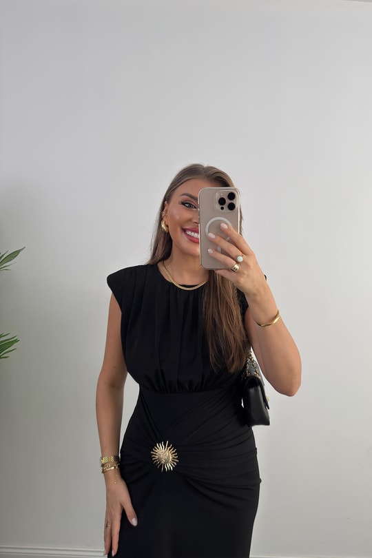 Premium Seri Vatkalı Likralı Gold Aksesuarlı Midi Elbise