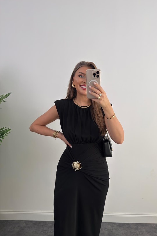 Premium Seri Vatkalı Likralı Gold Aksesuarlı Midi Elbise