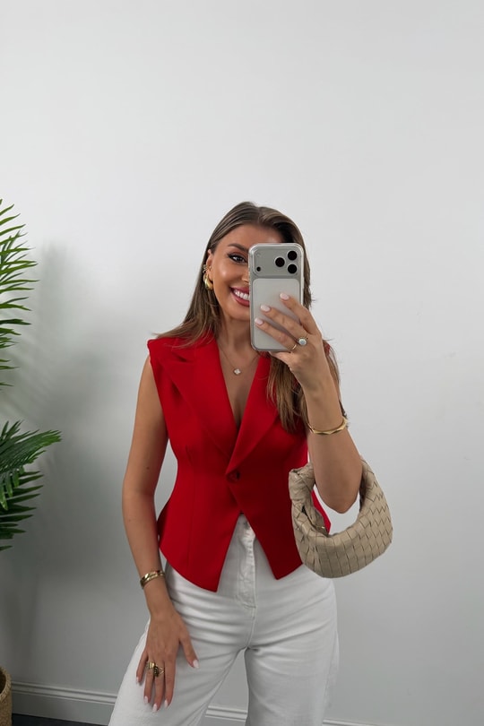 Premium Seri Vatkalı Tek Düğme Yelek Kırmızı