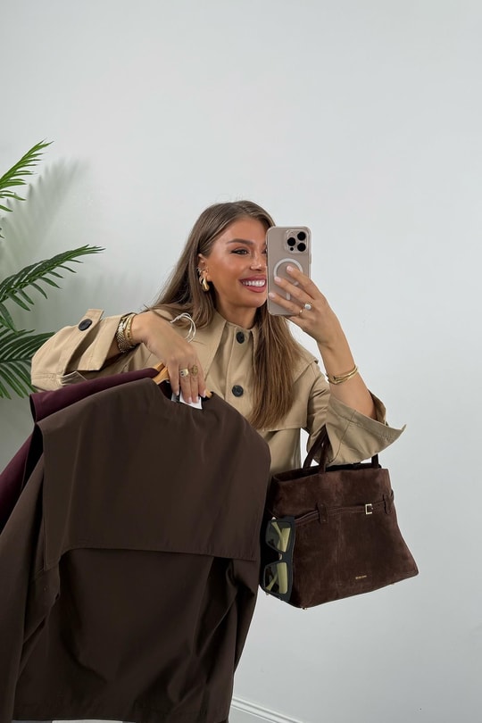 Premium Seri Yaka Detaylı Kısa Trençkot Acı Kahve