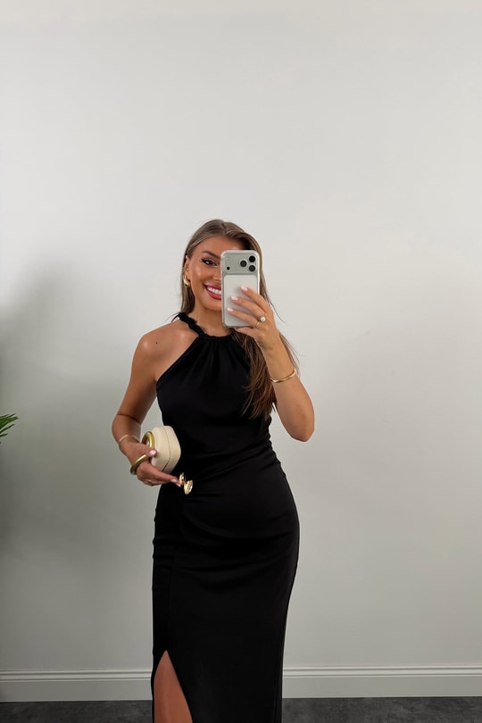 Premium Seri Yaka Tasarım Yırtmaçlı Midi Kalem Elbise