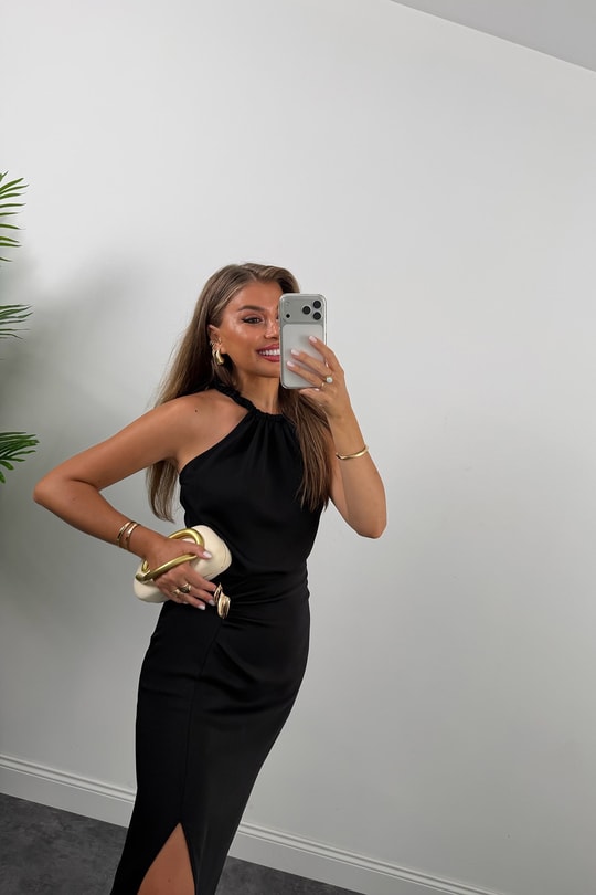 Premium Seri Yaka Tasarım Yırtmaçlı Midi Kalem Elbise
