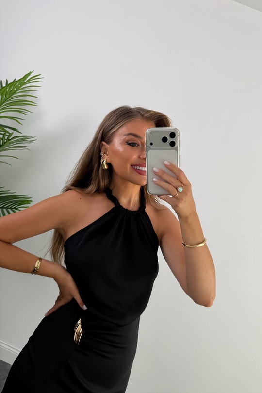 Premium Seri Yaka Tasarım Yırtmaçlı Midi Kalem Elbise