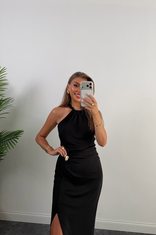 Premium Seri Yaka Tasarım Yırtmaçlı Midi Kalem Elbise
