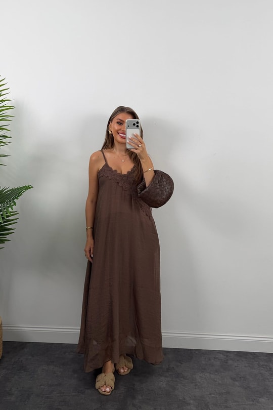 Premium Seri Yakası Dantelli Maxi Tensel Elbise Kahve