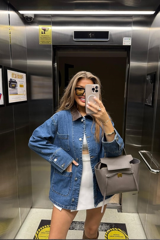 Premium Seri Yakası Deri Tasarım Jean Ceket