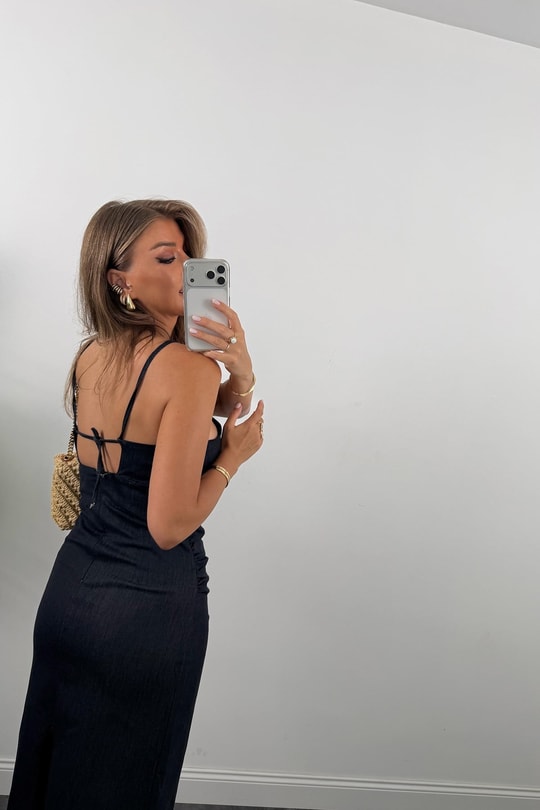 Premium Seri Yanı Pencereli Likralı Midi Jean Elbise 