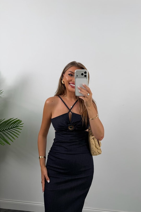 Premium Seri Yanı Pencereli Likralı Midi Jean Elbise 
