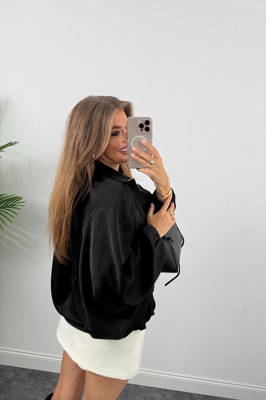 Premium Seri Yarasa Kol Tasarım Saten Bomber Ceket Siyah