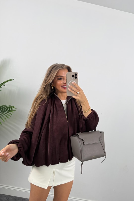 Premium Seri Yarasa Kol Tasarım Saten Bomber Ceket Mürdüm