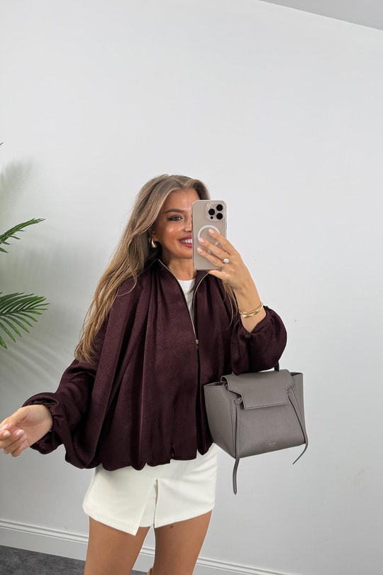Premium Seri Yarasa Kol Tasarım Saten Bomber Ceket Mürdüm