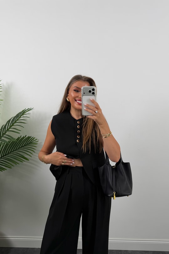 Premium Seri Yelek Palazzo 5 Düğmeli Poliviskon Takım Siyah