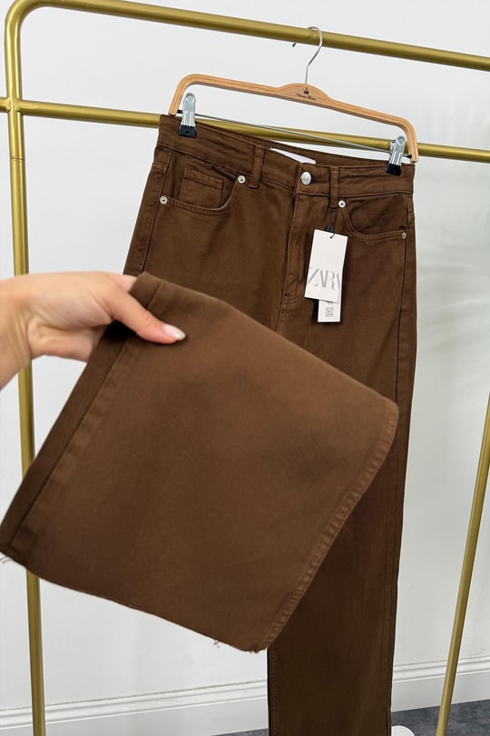 Premium Seri Yüksek Bel Palazzo Jean Kahverengi