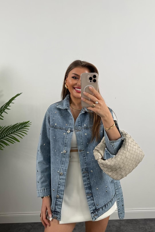Premium Seri Zımbalı Kuşaklı Tasarım Jean Ceket Mavi
