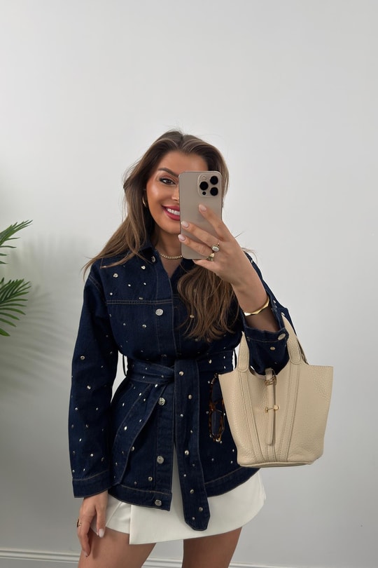 Premium Seri Zımbalı Kuşaklı Tasarım Jean Ceket