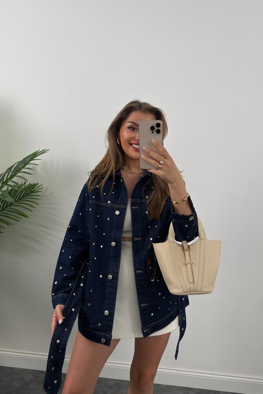 Premium Seri Zımbalı Kuşaklı Tasarım Jean Ceket