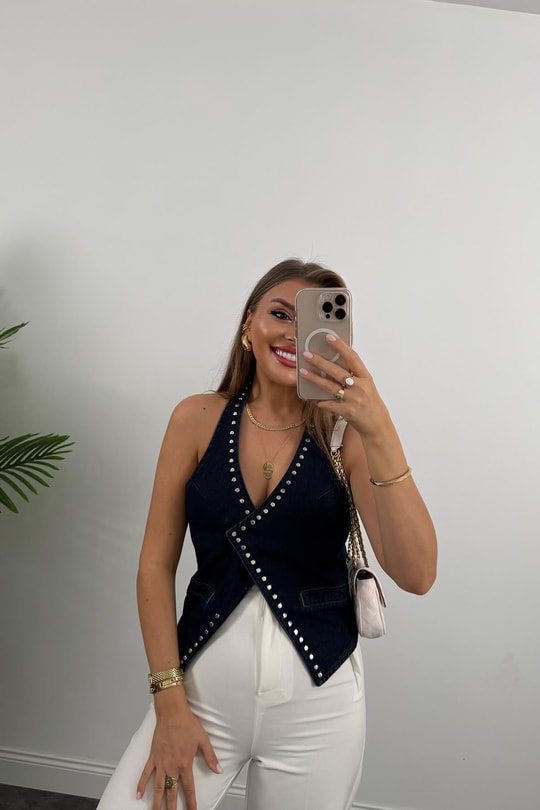 Premium Seri Zımbalı Tasarım Jean Yelek