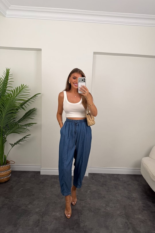 Premium Tensel Jean Harem Pantolon Koyu Mavi 
