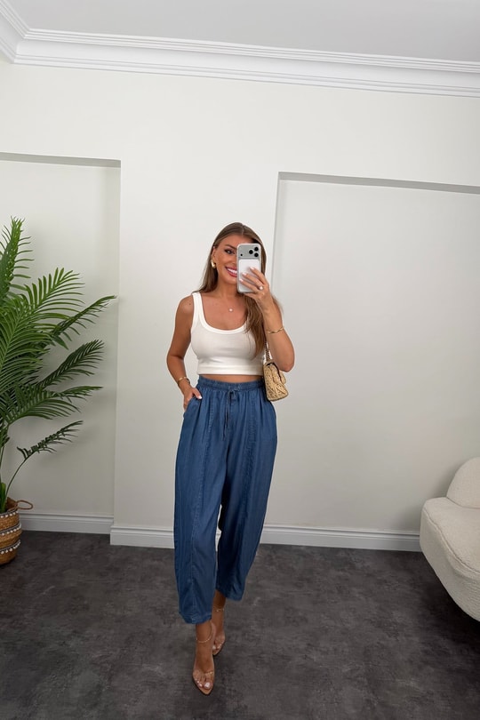 Premium Tensel Jean Harem Pantolon Koyu Mavi 