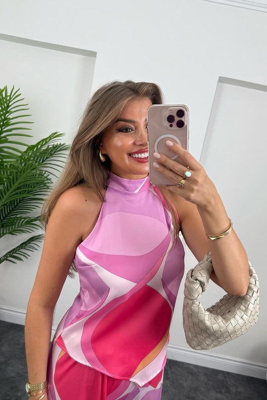 Pucci Desen Lüx Kalite Palazzo Bluz Takım Pembe