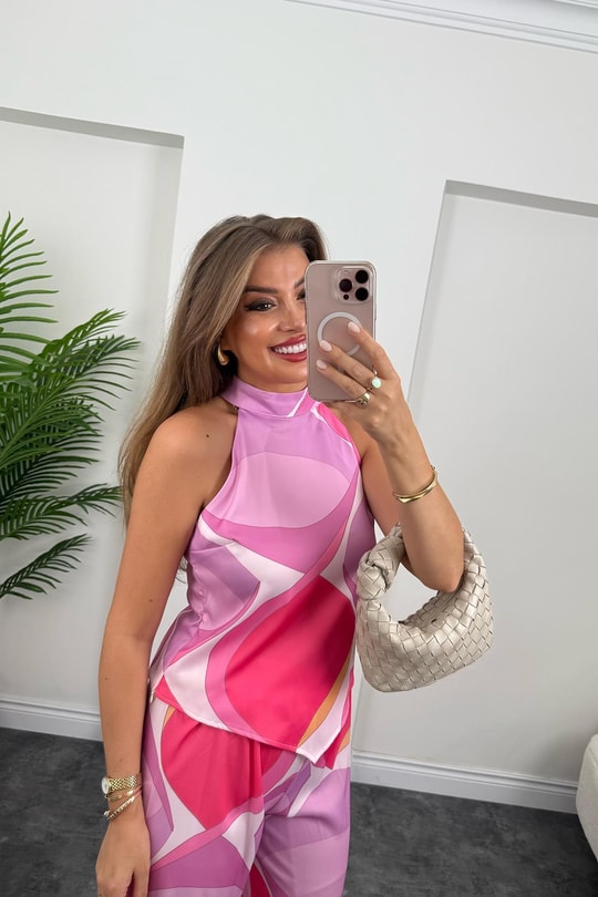 Pucci Desen Lüx Kalite Palazzo Bluz Takım Pembe