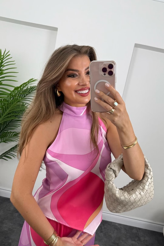 Pucci Desen Lüx Kalite Palazzo Bluz Takım Pembe