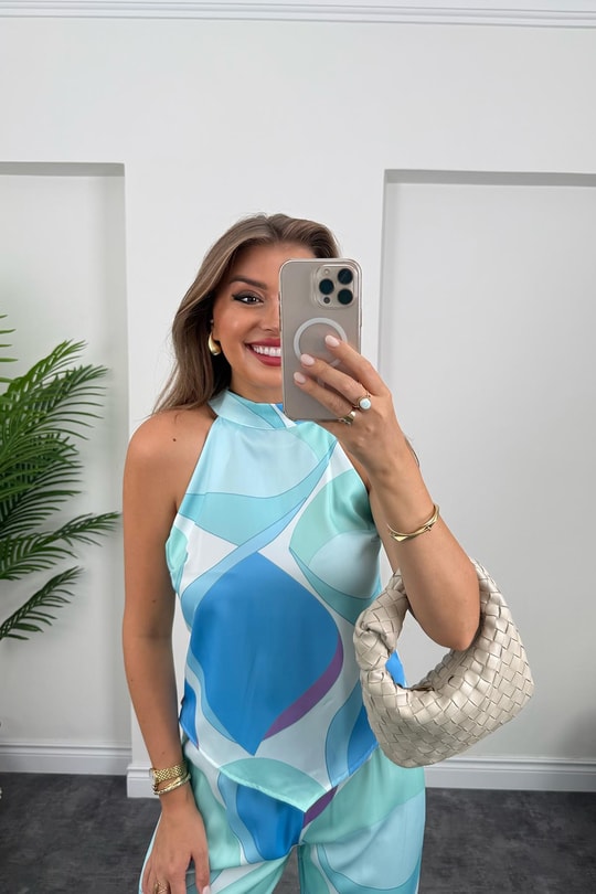 Pucci Desen Lüx Kalite Palazzo Bluz Takım Mavi